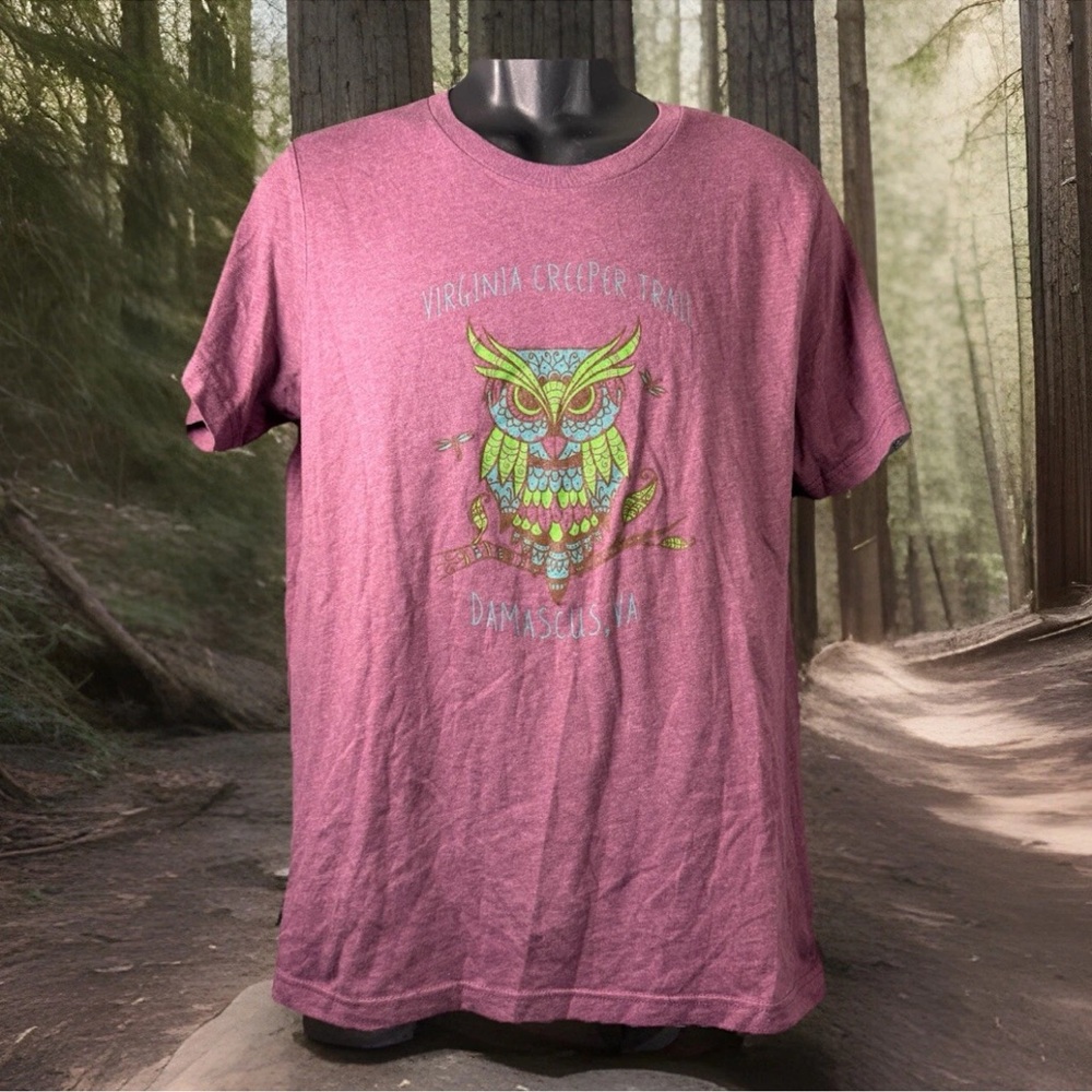 Virginia Creeper Trail Damascus, VA Owl Heathered Pink T-Shirt Men’s Size L